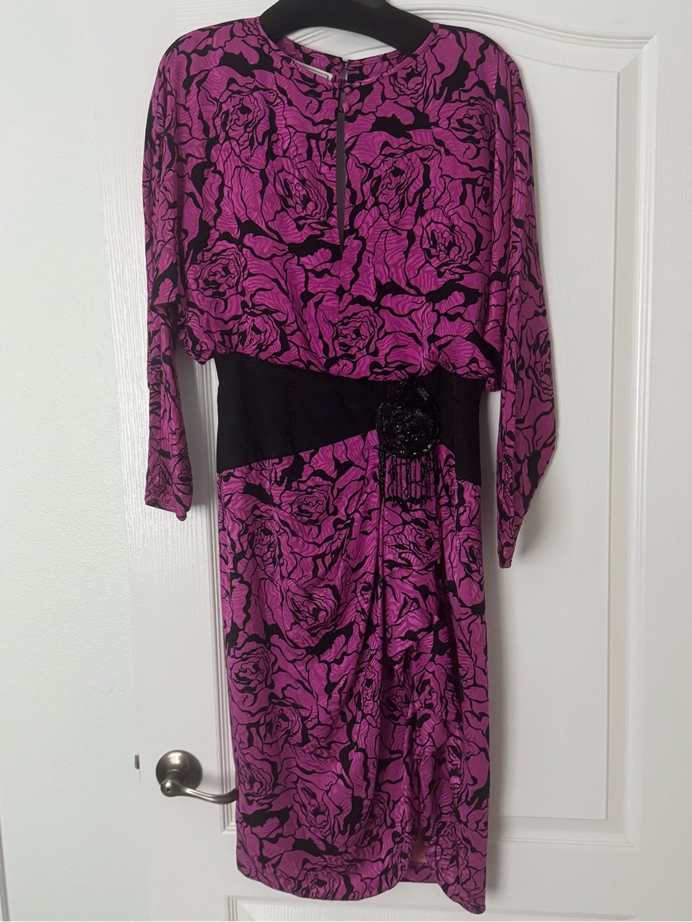 A.J. Bari Magenta Floral Midi Skirt with Black Waistband